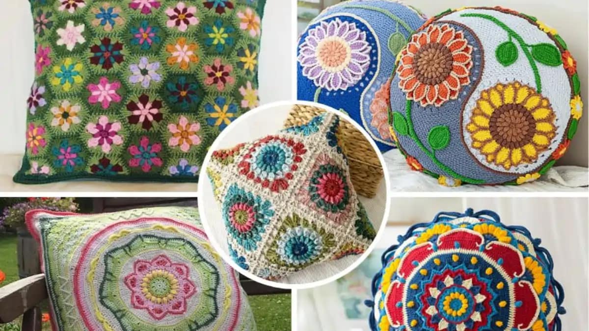 Almofada de crochê de varias cores e tamanhos com passo a passo e dicas no blog Dica Pronta.